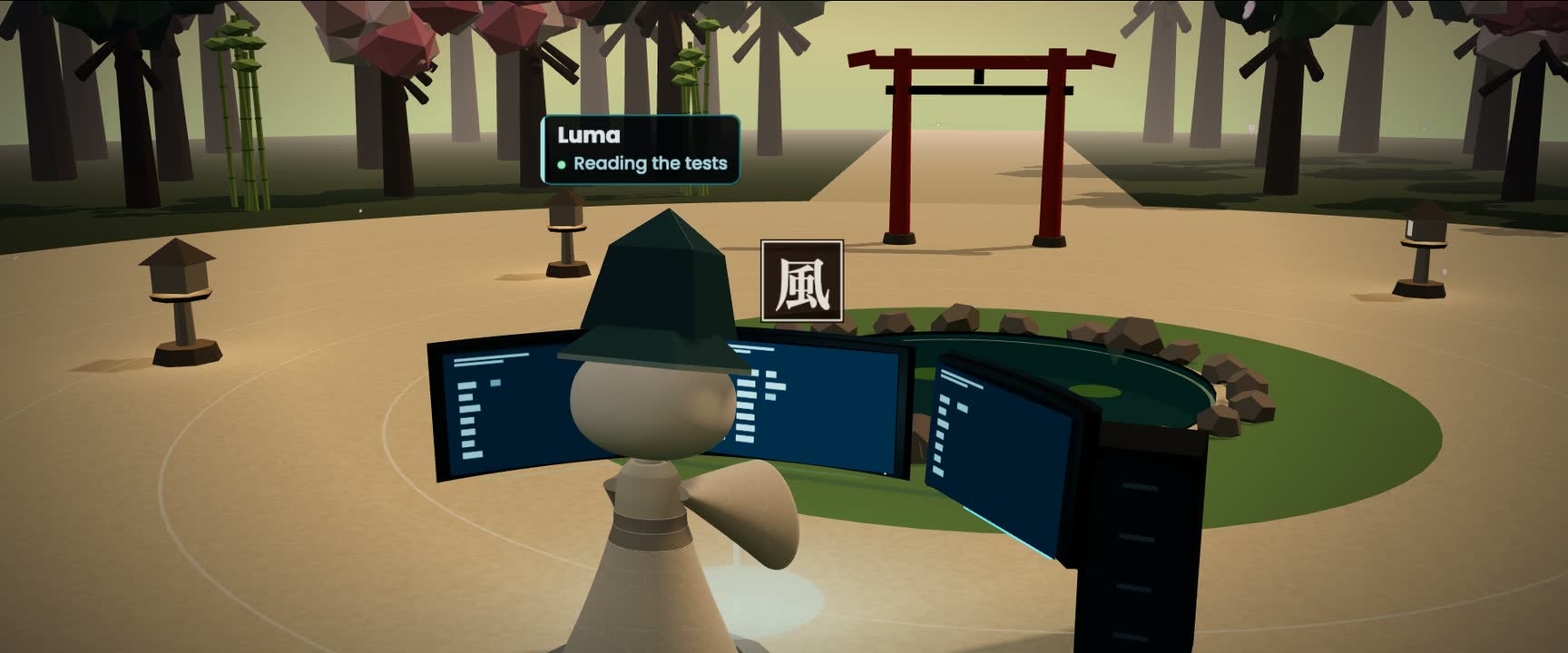 Luma at her desk in the garden office, reading the tests on three screens